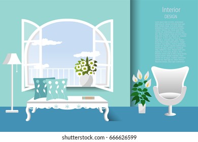 The interior of the living room. Room with a large window and furniture. Cartoon. Flat design. Vector illustration.