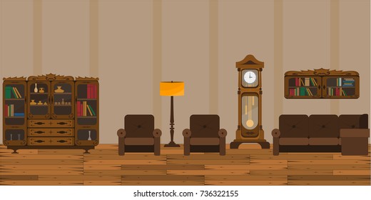 Interior of living room, library with furniture in vintage style