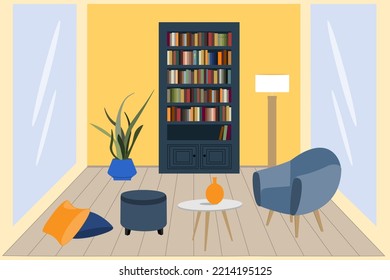 Interior of living room. Library room vector illustration. Gozy modern living room.