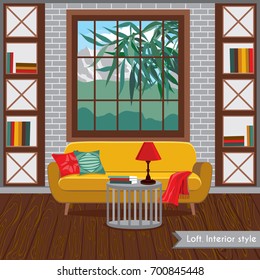 Interior living room in the loft style. Vector illustration in flat design with shadows. House furniture and accessories. Cartoon background. Modern and comfortable interior