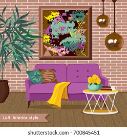 Interior living room in the loft style. Vector illustration in flat design with shadows. House furniture and accessories. Cartoon background. Modern and comfortable interior