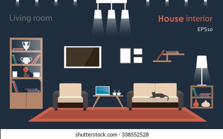 Interior living room. Modern flat design. Suitable for furniture business and business lighting. Colored vector illustration