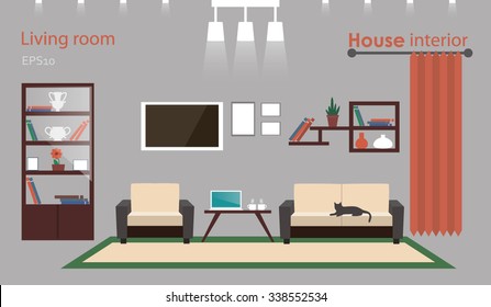 Interior living room. Modern flat design. Suitable for furniture business and business lighting. Colored vector illustration