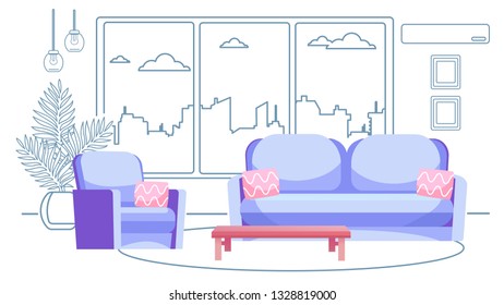 Interior of living room modern style with blue armchair and sofa with a pink pillow on the background of a window and house plant.