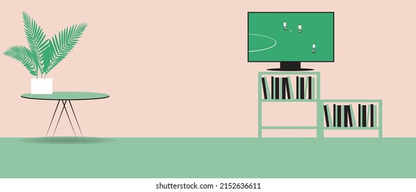 Interior Of Living Room, No People, Television Broadcast Of Football Championship. Flat Vector Stock Illustration Or Copy Space Template With Space For Text