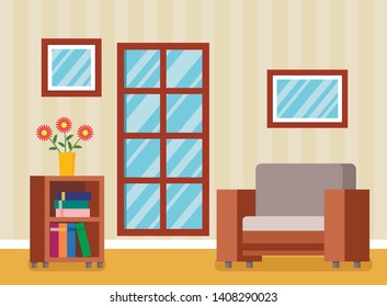 Interior living room or office with a comfortable armchair and paintings. flat vector illustration