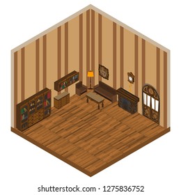 The interior of the living room in the old style with furniture and wooden floors. in isometry
