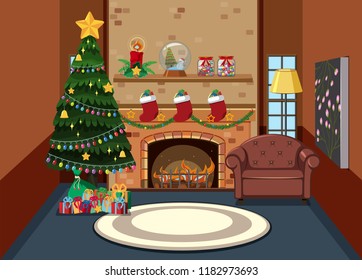 Interior of living room on christmas illustration