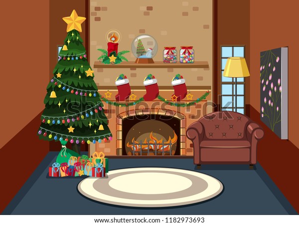 Interior Living Room On Christmas Illustration Stock Vector (Royalty