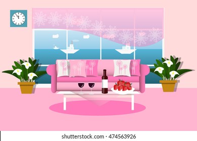 The interior of living room in pink color vector illustration