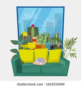 Interior of the living room with plants and cat on sofa vector illustration. Home greenery space design. Cozy room with sofa, cactuses and window. Furniture and home pet isolated on white.