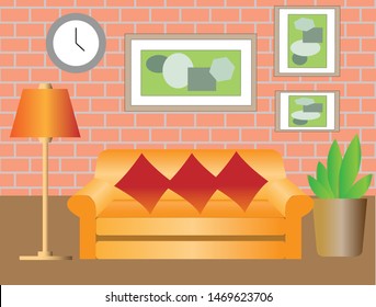 Interior living room with red bricks wall and sofa, lamp, pictures, wall clock, decoration plant. Flat design. Vector Illustrator