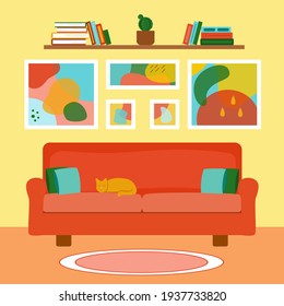 Interior of the living room. Retro red sofa with pillows, bookshelf and abstract paintings. Pet cat sleeping on couch. Flat style vector illustration