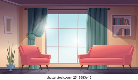 interior. living room in retro style with armchair and sofa. Vector cartoon indoor room