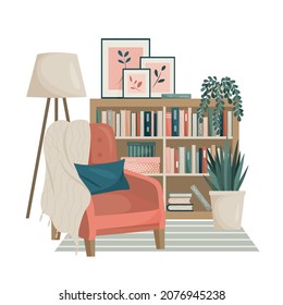 The interior of the living room in Scandinavian style. The boho palette. Armchair, bookcase, indoor flowers. The cat sleeps on the carpet. Vector.