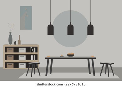 The interior of the living room in Scandinavian style in gray tones. Minimalism in the interior. Wabi sabi. Flat vector illustration, eps10.