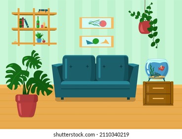 Interior of the living room: sofa, aquarium, shelf, night stand, house plants. Cartoon vector concept illustration