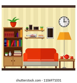 The interior of the living room. Living room with sofa, bookcase and table. Vector illustration.