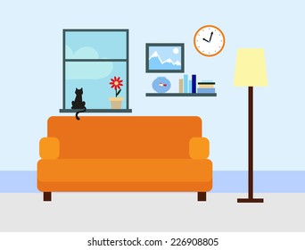 Interior living room with sofa, clock, shelf with books and a cat sitting on a window . Flat style vector illustration.