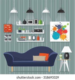 Interior living room with sofa, clock, shelf with books and a Flat style vector illustration.