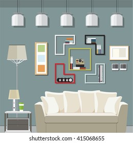 Interior living room with sofa, clock, shelf with books and a Flat style vector illustration.