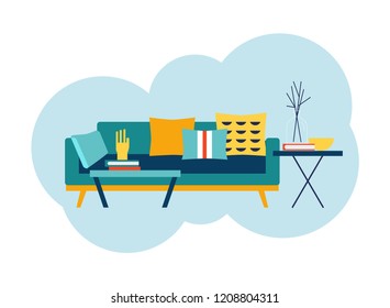 The interior of the living room. Sofa, coffee table, stool and accessories. Flat Vector Illustration