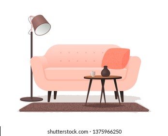 Interior living room with a sofa, a coffee table, a floor lamp and a carpet on a white background. Vector illustration in realistic style