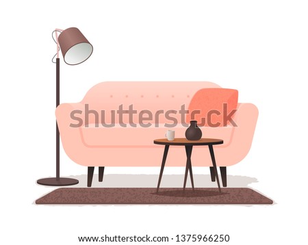 Interior living room with a sofa, a coffee table, a floor lamp and a carpet on a white background. Vector illustration in realistic style