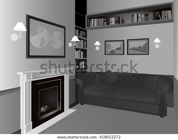 Interior Living Room Sofa Fireplace Shelves Stock Vector Royalty