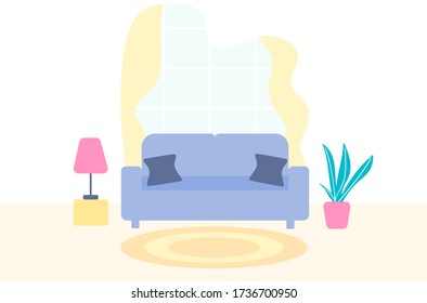 Interior of the living room. Sofa, lamp, carpet, houseplant, window, curtains. Vector illustration in flat design.