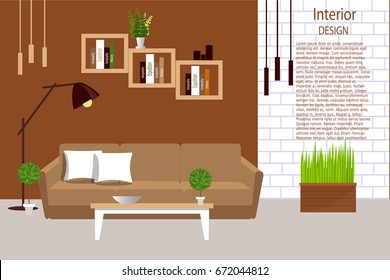 The interior of the living room. Room with a sofa, lamp, plants, books, table. Cartoon. Vector illustration. Flat design.