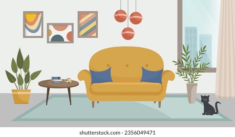 Interior of a living room with a sofa, paintings, a window overlooking the city, a coffee table, indoor plants. The kitten is sitting on the carpet. Living room. Home furniture. Vector illustration in