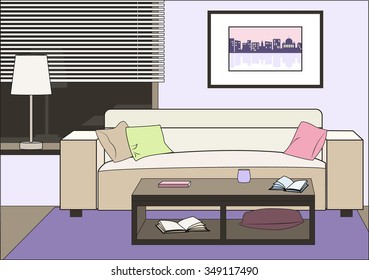Interior living room - a sofa with pillows, window blinds, reading lamp, coffee table and the picture on the wall. Vector illustration.