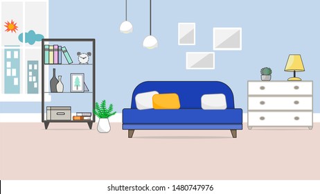Interior of the living room with sofa, shelf, cabinet, window and decor accessories. Vector banner.