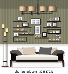 Interior living room with sofa,  shelf  and a Flat style vector illustration.