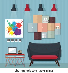 Interior living room with sofa, shelf with books and a Flat style vector illustration.