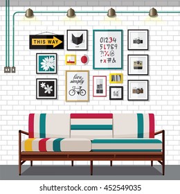 Interior living room with sofa, shelf with books and a Flat style vector illustration.