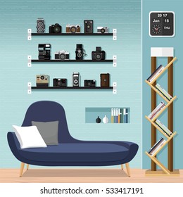 Interior living room with sofa, shelf with books and a Flat style vector illustration.