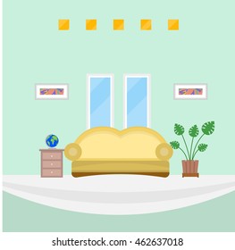 Interior living room with sofa, table, globe, plant, window, painting, vector illustration in flat style