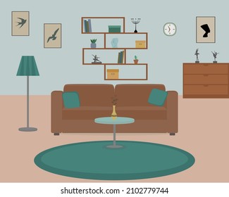 Interior. Living room with sofa, window, chest of drawers, table, tapis and other accessories. Vector illustration 
