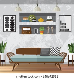 Interior living room with sofa,and a Flat style vector illustration.