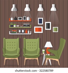 Interior living room with sofa,shelf with books and a Flat style vector illustration.