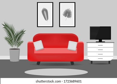 Interior of the living room in the style of minimalism. Vector illustration of a living room with red sofa, flower, nightstand and TV