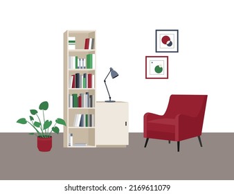 Interior Of The Living Room In The Style Of Minimalism With Bright Accents Of Colors. Home Library. A Chair Next To A Bookcase.