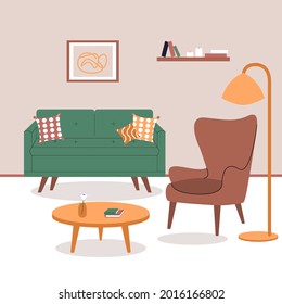 Interior of living room with stylish comfy furniture and home decorations in hygge style. Flat colorful Living room with green sofa and brown armchair. Vector illustration. 
