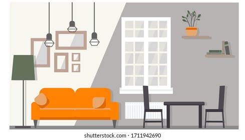 
Wohnzimmer mit Tisch, zwei Stühlen, Fenster, Bodenleuchte und Kronleuchter. Flaches Design-Template.