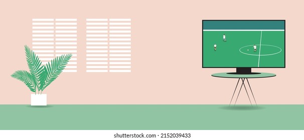 Interior Of Living Room, TELEVISION Broadcast Of Football Championship. Flat Vector Stock Illustration. Apartment With Window, Plant And TV, No People