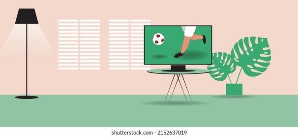 Interior of living room, TELEVISION broadcast of football championship. Flat vector stock illustration. TV with sports match.