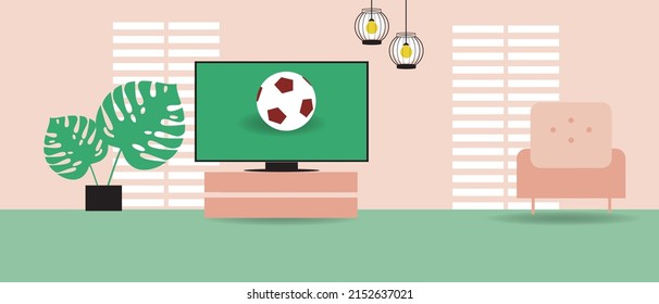 Interior Of Living Room, TELEVISION Broadcast Of Football Championship. Flat Vector Stock Illustration. Ball On TV Or Computer Screen. Footballer's Room, No People