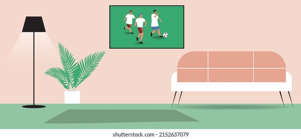 Interior of living room, TELEVISION broadcast of football championship. Flat vector stock illustration with sofa and lamp. Home interior and nobody
